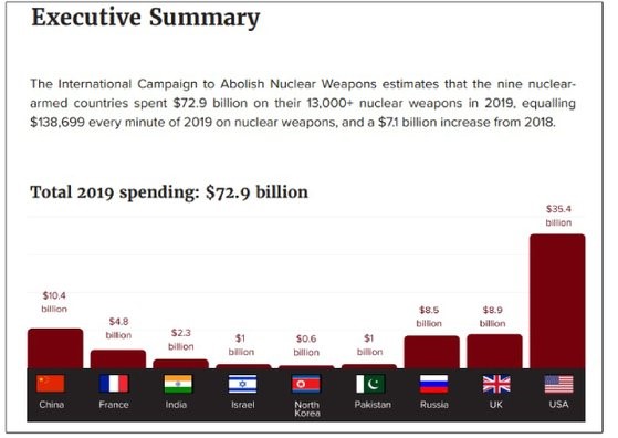 ICAN推算的各拥核国家2019年核开发经费柱状图。RAF截图