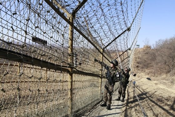 图为京畿道涟川地区前哨的铁栅，铁栅上覆盖着密集的铁丝网。【照片来源：韩国陆军】