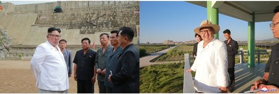 左侧照片为朝鲜中央电视台报道的朝鲜国务委员长金正恩视察咸镜北道渔郎川发电站的照片。朝鲜中央电视台报道称，因为工程进度拖延，金正恩委员长对内阁负责人作出了严厉批评。一周后的24日，朝鲜《劳动新闻》刊载了金委员长视察江原道122号育苗场的照片(右侧)，报道称“(金委员长)喜悦之情溢于言表”。【照片来源：韩联社】