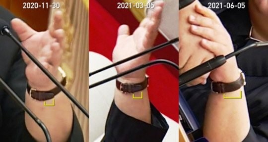 去年11月、今年3月和6月金委员长戴同一只手表的照片。【朝中社截图，nknews.org】