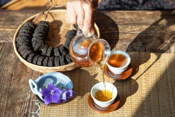 和平茶园品“青太饼”发酵茶。