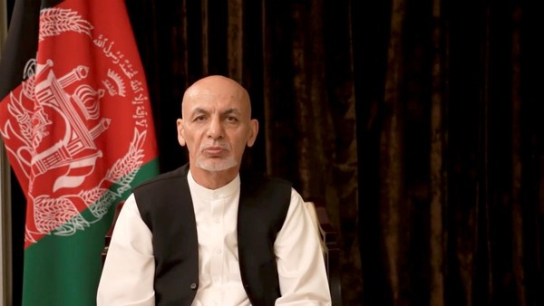 阿富汗总统阿什拉夫·加尼8月18日通过视频进行演讲。【路透社=韩联社】