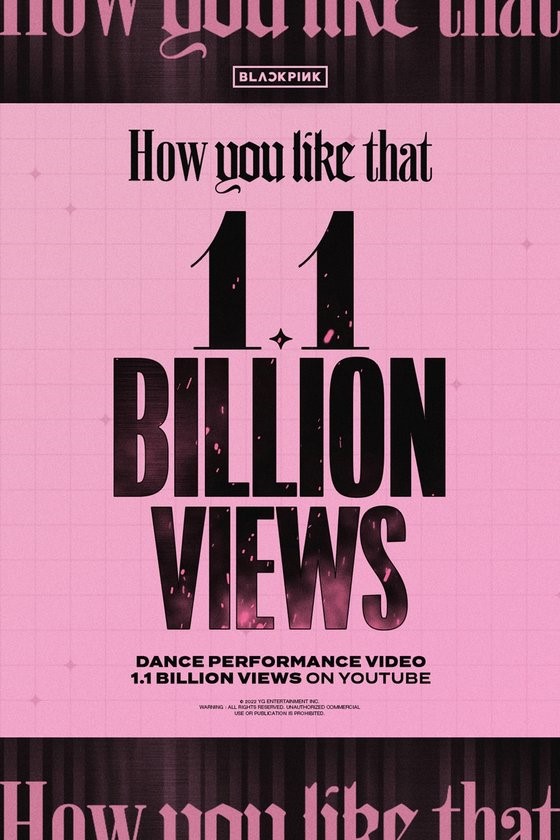 BLACKPINK的《How You Like That》舞蹈视频点击量突破11亿次。【图片来源：YG娱乐】