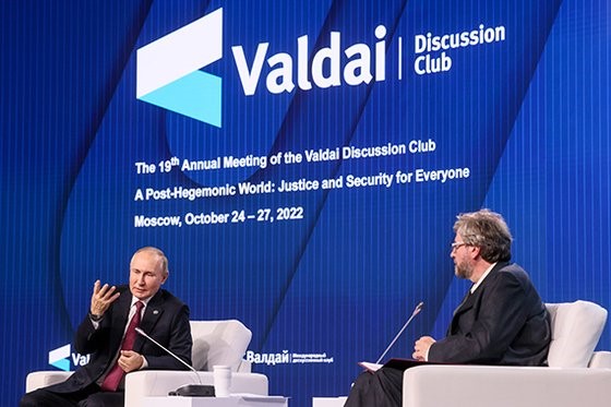 图为当地时间27日，俄罗斯总统普京出席在莫斯科举行的瓦尔代俱乐部会议并发言。【照片来源：塔斯社=韩联社】