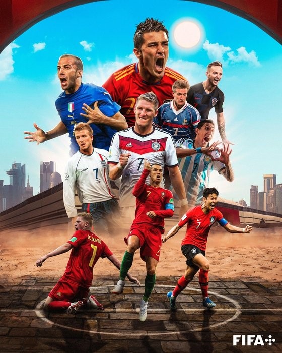 图为国际足联(FIFA)在世界杯社交账号上发布的历届主要7号球员。【照片来源；国际足联】