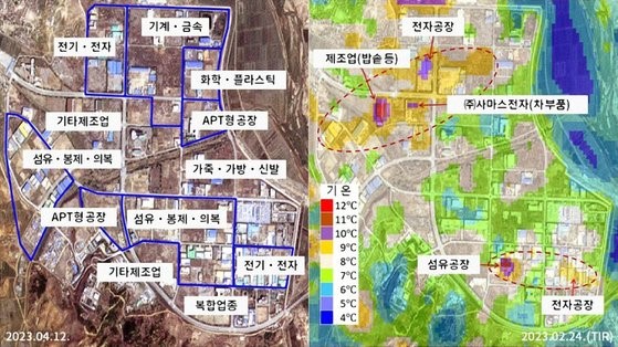 显示朝鲜擅自使用开城工业园区设备的热红外卫星图像(右)18日被公开。4家正在运转的工厂被标记为红色。与左图相比较，可推测出现高温的地方有2家电子工厂、1家纺织工厂和1家制造业工厂。【照片来源：Planet Labs和NASA】