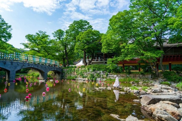与麻谷寺妙珠大师在极乐桥下的小溪间享受了中午的悠闲。