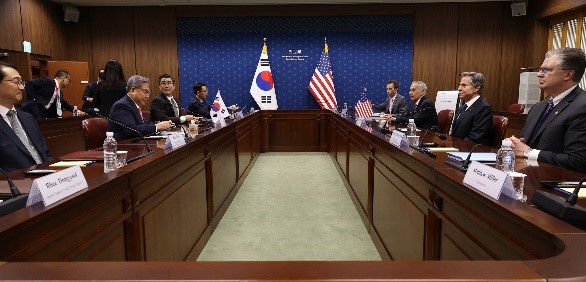 韩国外长朴振和美国国务卿布林肯9日下午出席了在首尔钟路区外交部举行的韩美外长会谈。【照片来源：韩联社】