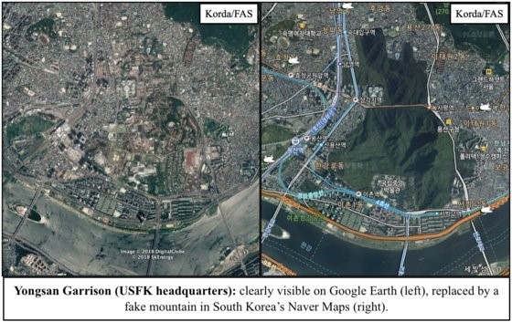 谷歌地球(左)和Naver地图(右)显示的驻韩美军龙山基地卫星地图。【照片来自美国科学家联合会(FAS)，李光宰 议员办公室】