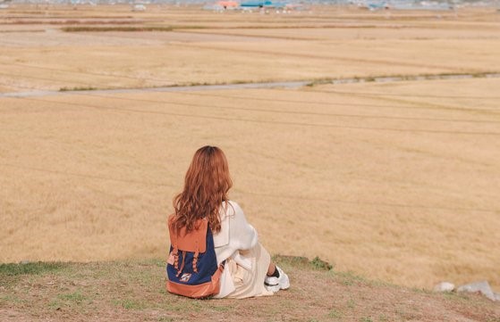 第16号江华岛旅游路线的名字叫做“西海黄金原野路”，登上供人休息的鸡龙墩台，可以尽情欣赏宽阔原野的美景。【照片由韩国观光公社提供】