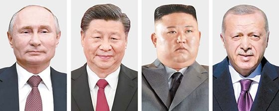 左起依次为俄罗斯总统普京、中国国家主席习近平、朝鲜国务委员长金正恩、土耳其总统埃尔多安