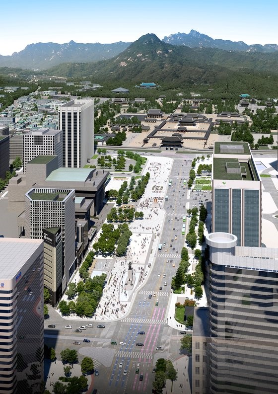 首尔市政府11月16日宣布，旨在拓宽光化门广场东部空间(美国驻韩大使馆门前道路)的工程已经动工。图为光化门广场鸟瞰图。【照片由首尔市政府提供】