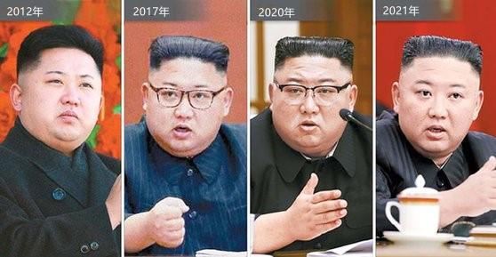 朝鲜国务委员长金正恩最近以略显消瘦的形象出现，引起了人们对其减肥的猜测，认为他此举是从个人健康和朝鲜粮食困难局面出发而采取的行动。金委员长的体重一度从2012年的90公斤增加到去年的140公斤。照片中左起依次是金委员长出席2012年2月阅兵仪式、2017年10月劳动党全体会议、去年11月劳动党政治局扩大会议和6月17日朝鲜劳动党全体会议时的样子。【照片来源：朝中社=韩联社】