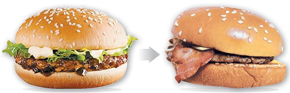麦当劳原来的汉堡  VS 去掉生菜叶的汉堡