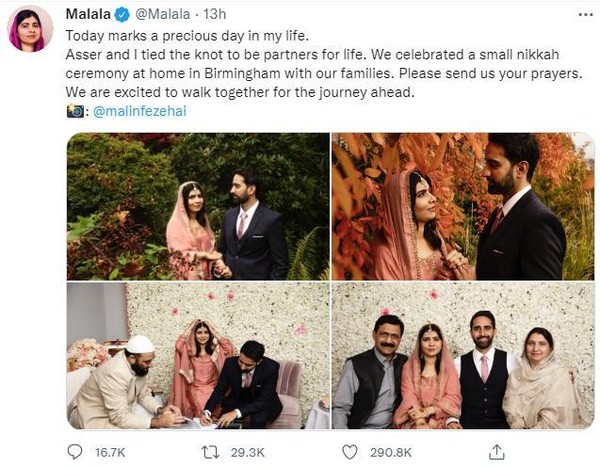 马拉拉宣布结婚喜讯。图片来源：马拉拉社交媒体账号截图