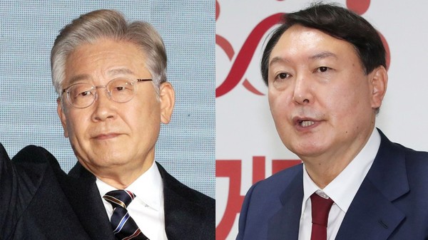 图为共同民主党总统候选人李在明和国民之力党总统候选人尹锡悦(左起依次)。