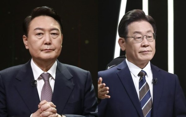 图为3日首次参与电视辩论的国民之力党总统候选人尹锡悦(左)和共同民主党总统候选人李在明。【图片来源：NEWS1】