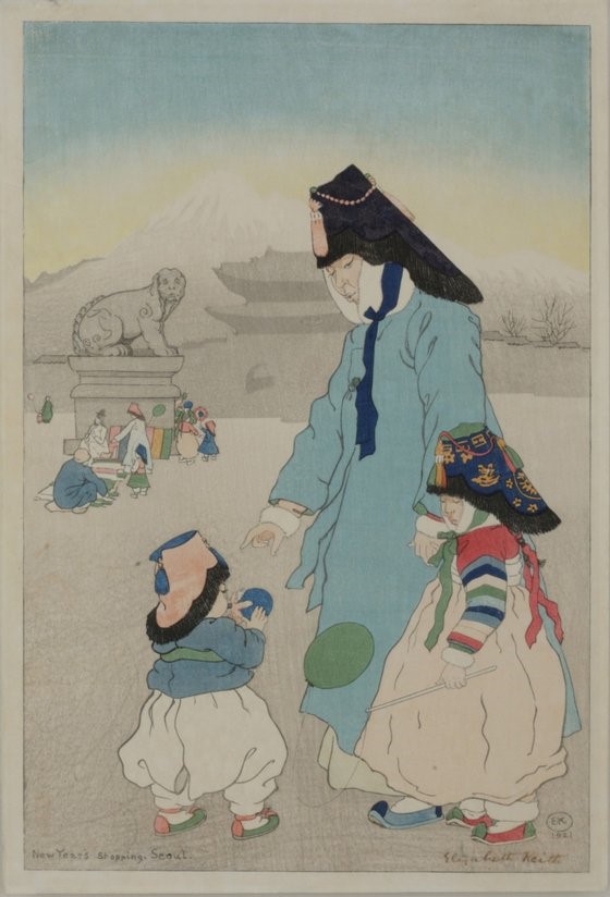 英国画家伊丽莎白•基思(音)版画中的人物身穿韩服(1919年)。【照片来源：韩国国立民俗博物馆】