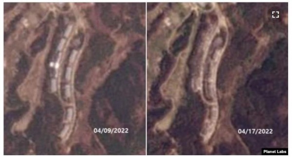 图为9日(左)和17日拍摄的金刚山高尔夫球场住宿园区的卫星照片。据调查，截止到9日还完好的住宿园区中心建筑物和6栋建筑物在17日已大部分消失。【图片来源：Planet Labs截图】