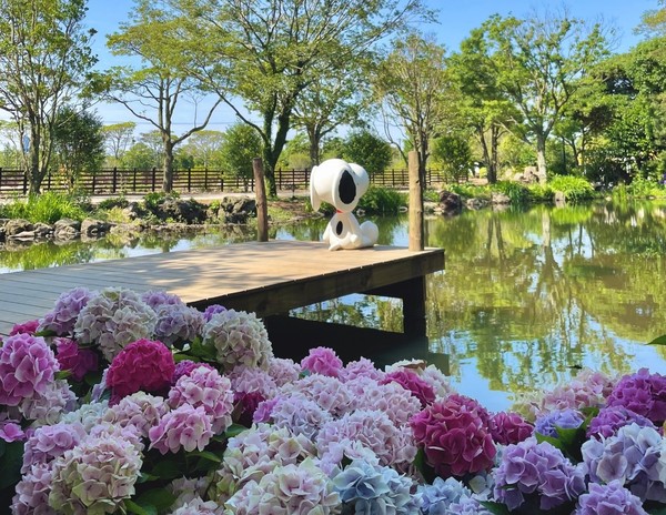 图为凤凰花园的“Warm Puppy Lake”，BTS智旻曾在这里拍照留念。池塘前的亲水平台上坐着一只史努比雕像。【照片由凤凰花园提供】