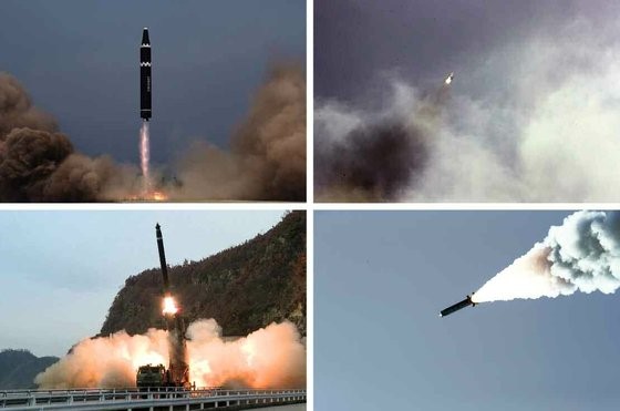 7日，朝鲜总参谋部通过劳动党机关报《劳动新闻》表示，为应对韩美联合空中演习“警戒风暴”，从11月2日至5日采取了军事行动，并成功达成了目标。当天《劳动新闻》公开了数十多张当时拍摄的导弹发射场面的照片。朝鲜在本月3日至5日期间共发射了35枚导弹，其中一枚疑似“火星-17”型洲际弹道导弹，使得紧张局势持续升级。【照片来源：劳动新闻=NEWS1】