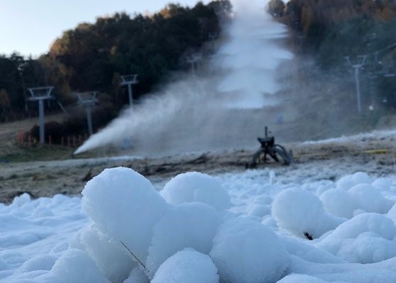 本月4日，迎来今年入秋后最低零下气温，图为当天江原道平昌郡龙平度假村将雪洒在滑雪场的斜坡上，正在加紧准备开业。【照片来源：韩联社】