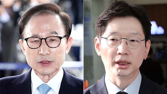 图为韩国前总统李明博(左)和前庆尚南道知事金庆洙。【照片来源：NEWS1、韩联社】