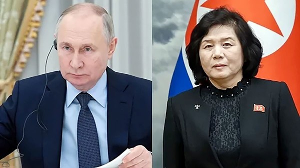 图为俄罗斯总统普京和朝鲜外相崔善姬。【照片来源：中央图片库】