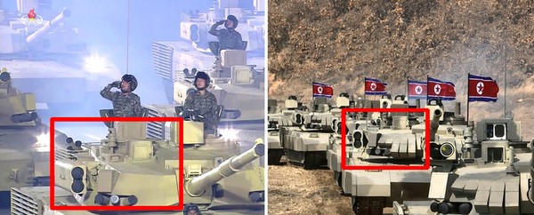  经确认，此次演习中动员的新型坦克是在2020年10月举行的劳动党建党75周年阅兵式上公开的新型坦克(左)，演习中使用的新型坦克在炮塔上部周围增加了反应装甲(右)。 【照片来源：朝鲜中央电视台画面=韩联社】